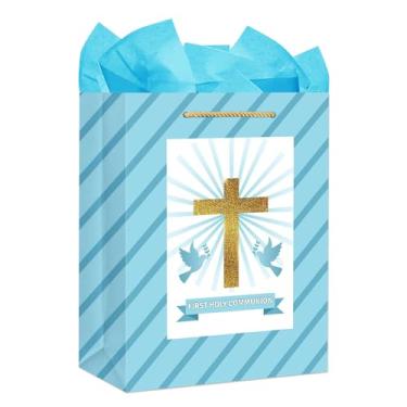 Imagem de FLYAB Bolsa de presente da Primeira Comunhão para meninas meninos 29,2 cm, cruz religiosa de Páscoa, bolsa de presente cristã com papel de seda, bolsa de presente de batismo com alça, presentes de confirmação de batizados para bebês meninos e meninas