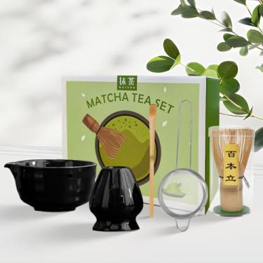 Imagem de Conjunto Matcha Japonês 5 em 1, Tigela Matcha com Bico, Suporte para Batedor Matcha, Batedor Matcha de Bambu e Colher de Bambu, 473 g Chá Verde Esmaltado Cerâmica Matcha Kit para Amantes de Chá (Preto