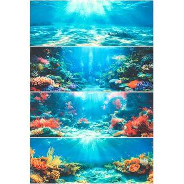 Imagem de Mindsoft Pacote com 4 peças de fundo de aquário de poliéster 121 x 45 cm pano de fundo de aquário corais submarinos luz do sol rocha plantas aquáticas papel de parede com fita dupla face
