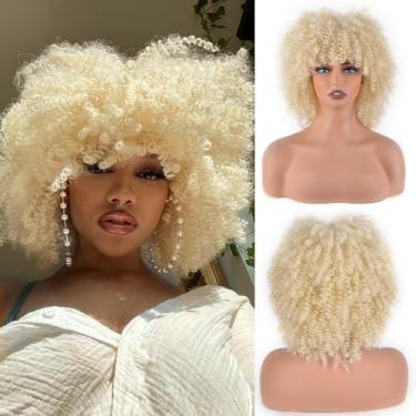 Imagem de Vitorish Perucas De Cabelo Sintético Loiras, Curtas, Cacheadas, Afro, Com Franja, Natural, Crespo, 25 Cm, Aproximadamente 230 G/Peça, Resistente Ao Calor, Substituição (Dourada)