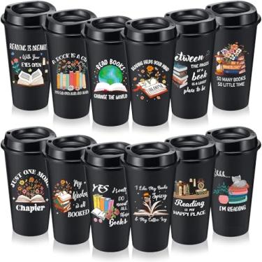Imagem de FillTouch 12 peças, presentes para amantes de livros, 473 ml, copos de café reutilizáveis com tampas, presentes de plástico para leitores de livros e bibliotecários (preto)