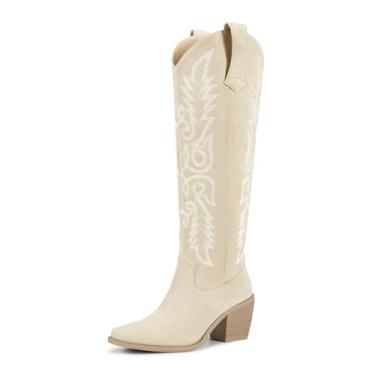 Imagem de wetkiss Botas femininas de caubói altas com zíper lateral cowgirl, botas de cano alto para mulheres, confortável, retrô, vintage, bordado, bico fino, salto grosso, Camurça bege, 37