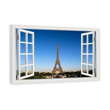 Imagem de Janela de arte de parede impressa em tela. Visualização de janela falsa. Impressão de imagem natural em tela. Arte de cenário para decoração de sala de estar. (Vista da Torre Eiffel de Paris 02