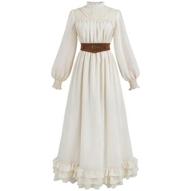 Imagem de FCCAM Vestido vitoriano feminino 1800 manga comprida vestido eduardiano com espartilho fantasia renascentista, Arroz branco, G