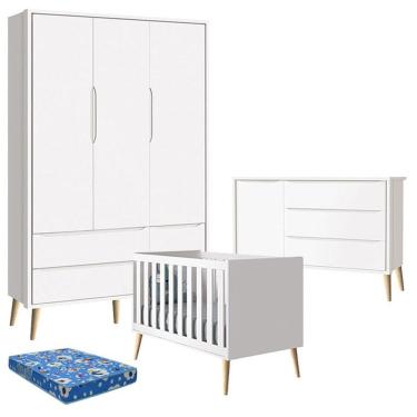 Imagem de Quarto De Bebê Theo 3 Portas Com Colchão E Cômoda Branco Acetinado Pés Madeira Natural - Reller