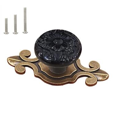 Imagem de HUAMULAN Pacote com 10 puxadores de cerâmica retrô vintage cômoda de cozinha com pétalas de armário puxadores de gaveta, puxador preto com placa traseira de base de bronze