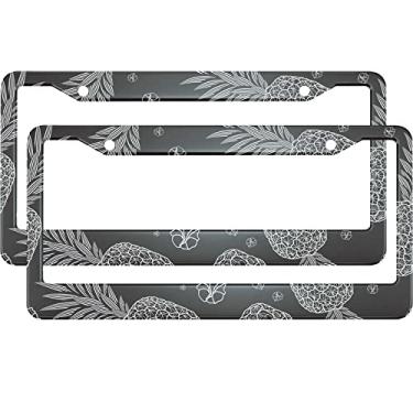 Imagem de HOSNYE Moldura de placa de licença com desenho estilizado gráfico de abacaxi preta 2 peças linhas brancas de metal lindas placas de licença molduras de placa de licença capas de placa de carro para mulheres homens veículos dos EUA