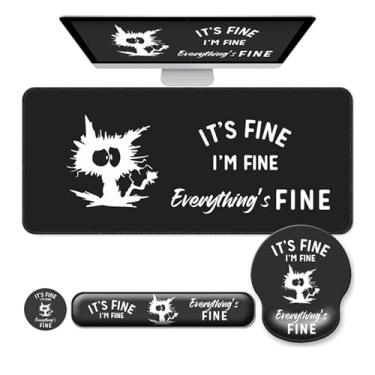 Imagem de VINEBURY Conjunto De Apoio Para Pulso, Teclado E Mouse Gato Fofo Engraçado, Tapete Grande Com Capa Fosca Ergonômico, Mousepad Espuma Memória Mulheres, Computador Mesa Escritório - It'S Fine I'M Ever