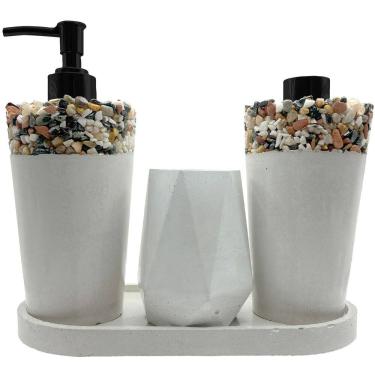 Imagem de Kit Lavabo Artesanal com Pedras Naturais Saboneteira PortaEscovas e Aromatizador Rústica Sofisticada