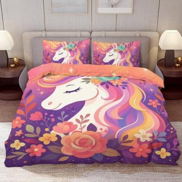 Imagem de Delerain Conjunto de capa de edredom solteiro, conjunto de cama de 3 peças de unicórnio floral para meninos, meninas, adolescentes, moderno, microfibra macia, decoração de quarto, 1 capa de edredom +