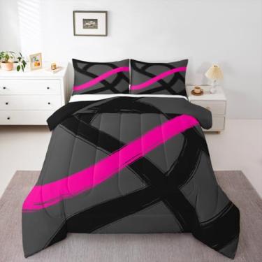 Imagem de jejeloiu Conjunto de edredom com listras pretas rosa choque, tamanho Queen, geométrico, moderno, arte abstrata, para meninos, meninas, adolescentes, luxuoso, geométrico, edredom para decoração de