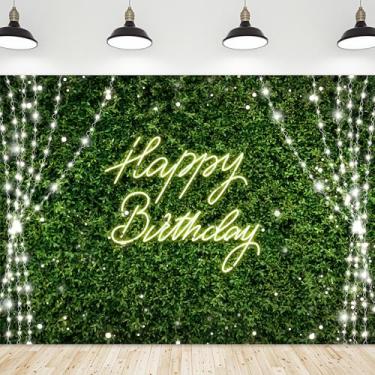 Imagem de Riyidecor Pano de fundo verde feliz aniversário tecido de poliéster para mulher rústico primavera folha grama néon 8Wx6H pés planta folhas botânicas natureza fotografia fundo aniversário chá de bebê