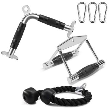Imagem de WNOEY Acessório de máquina de cabo, acessórios de pulldown LAT, acessórios de ginástica em casa, acessório para tríceps (alça D dupla + corda tríceps + barra em forma de V)