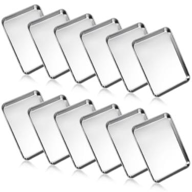 Imagem de Conjunto de 12 assadeiras de aço inoxidável, 22 x 15 x 2 cm, assadeira retangular para churrasqueira, bandeja de forno de cozinha, lavável na lava-louças, antiaderente