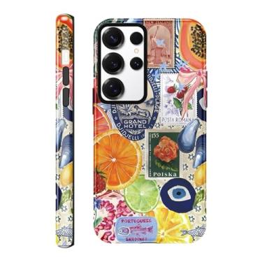 Imagem de Yomjew Linda capa de telefone com padrão de colagem de verão para Samsung Galaxy S24 Ultra 5G capa de 6,8 polegadas, design de impressão de frutas coquete 2 em 1 brilhante capa de telefone à prova de