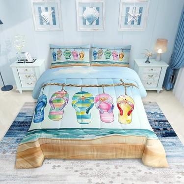 Imagem de Manfei Conjunto de edredom solteiro com chinelos, verão, litoral, Havaí, praia, 2 peças, para meninos e meninas, aquarela, ondas do oceano, concha, concha, 1 fronha