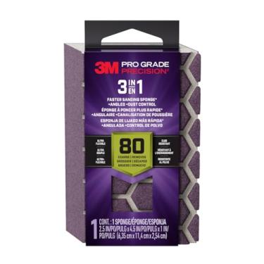 Imagem de 3M Esponja de lixa 3 em 1 de precisão de grau profissional, gramatura 80 grossa, para marcenaria, preparação e acabamento de drywall, 6,3 cm x 11,4 cm x 2,5 cm