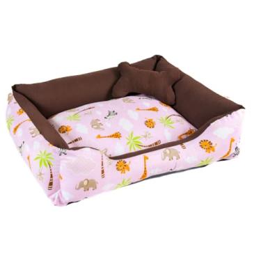 Imagem de Cama Caminha Pet para Cachorro ou Gato Médio 60cm x 47cm Lavável com Fundo Impermeável + Ossinho (Safari Rosa/Marrom)