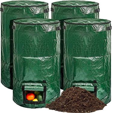 Imagem de 4 sacos de lixo de compostagem grandes 34 galões reutilizáveis sacos de lixo de quintal sacos de gramado saco de jardim resistente sacos de compostagem lata de lixo recipiente externo com tampa de