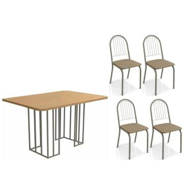 Imagem de Sala De Jantar Duina Com Tampo De Madeira 136cm E 4 Cadeiras Noruega Niquel Freijó Courano Cappuccino