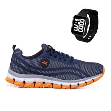 Imagem de Tênis Masculino Ascension + Relogio Digital Quadrado Leve, Macio e Confortável – Para Caminhada, Corrida, Academia e Uso Diário | Estilo Esportivo e Urbano (Marinho e Laranja, BR, Adulto, Numérico, 42)
