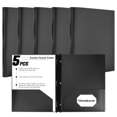 Imagem de Pastas de plástico com pinos, pastas perfuradas de 3 furos resistentes com 2 bolsos, pastas de arquivo servem para fichário de 3 anéis, para escola, escritório e casa, pacote com 5