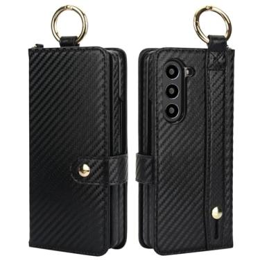 Imagem de Capa para Samsung Z Fold 6, tiracolo, couro, carteira, porta-cartões, corda de pulso, suporte flip, com compartimento para caneta (para Samsung Z Fold 6/preto)