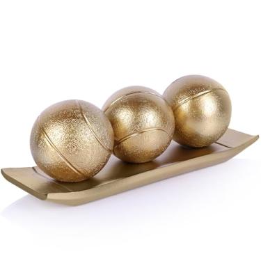 Imagem de LCCCK Conjunto de bandeja decorativa com bolas, suporte de TV com esferas douradas, mesa de centro, bolas decorativas elegantes para sala de jantar, cozinha, console, lareira, decoração, centro de