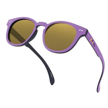 Imagem de AEANU Óculos de sol polarizados para adolescentes e mulheres jovens – Lentes espelhadas coloridas UV400, armação redonda fosca, rostos pequenos – para dirigir e ar livre, Lente roxa/amarela