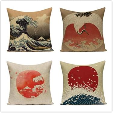 Imagem de Conjunto De Capas De Almofada De 4 60x60cm Ondas Japonesas Almofadas De Almofada Quadradas De Dupla Face Ao Ar Livre Macias Capas De Almofada Para Cadeiras Sala De Estar Jardi, Linen, 40x40 cm