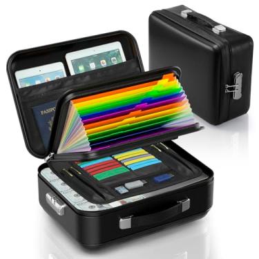 Imagem de SEEKIND Caixa de documentos à prova de fogo com fechadura, estojo rígido organizador de arquivos com pasta de arquivos sanfonada, cofre de viagem portátil multicamadas para documentos importantes e