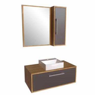 Imagem de Gabinete 80cm Alice Mel Grafite com Espelheira e Cuba Branca Em Mármore Sintético Armário Suspenso com 1 Porta