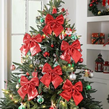 Imagem de Giegxin 6 peças grandes laços de Natal com glitter 24 cm grinaldas de lantejoulas laços enfeites de árvore de Natal topo de árvore decoração de laço para decoração de festa de Natal da porta da frente