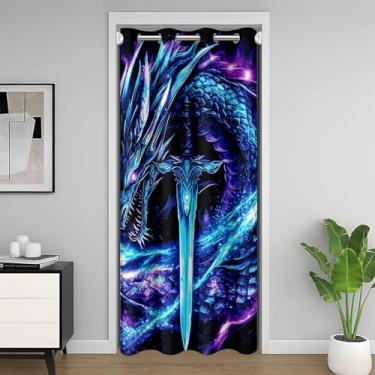 Imagem de Cortina de porta dragão mágico espada azul animal selvagem misterioso privacidade para crianças adolescentes adultos azul roxo neon linhas de luz impressão cortina drapeada para janela de porta de