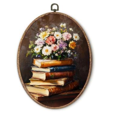 Imagem de Hxlac Moody Floral Book Oval Wall Art Framed, Dark Academia Bookish Oval Wall Decor, Vintage Book Hanging Canvas Print Wall Sculpture for Home Reading Nook Corner Library Decor, 25 x 25 cm