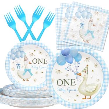 Imagem de Silly Goose Artigos de festa de aniversário para 20 convidados – guardanapos e garfos com pratos de guingão azul – Conjunto de utensílios de mesa descartáveis com tema animal de fazenda para decoração
