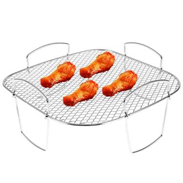 Imagem de Frigideira a ar quadrada de 20 cm, acessórios para fritadeira a ar de aço inoxidável, bandeja de cesta de fritadeira multiuso, rack de torradas, suporte resistente para airfryer lavável na lava-louças