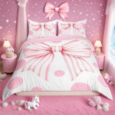 Imagem de Jogo de cama solteiro com laço, princesa sonhadora, fantasia, capa de edredom com estampa de laço (sem edredom), decoração de quarto rosa e branco, 1 fronha