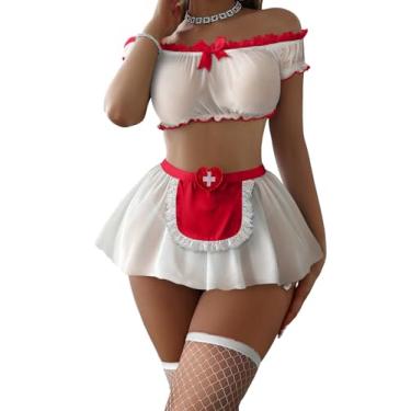 Imagem de Foxiny Meias sexy curvilíneas plus size, minissaia de malha de renda transparente, roupa de fantasia com conjunto de tanga, conjunto de 4 peças, sutiã transparente combinando, roupa íntima, vermelha