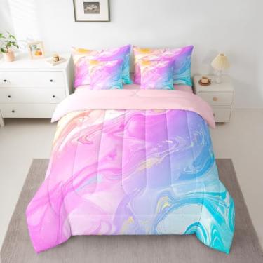 Imagem de Feelyou Conjunto de edredom Queen com estampa de mármore, 7 peças, colorido, para crianças, adolescentes, chique, arco-íris, rosa, azul-petróleo em uma bolsa, novidade moderna, arte abstrata, conjunto