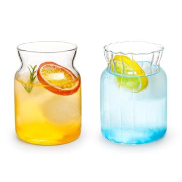 Imagem de Koythin Copos de vidro com nervuras de 2 peças, copos vintage para café gelado, suco, coquetéis, leite, chá, cerveja, 420 ml, copo de bolhas bonito com arredondado (garrafa gorda)