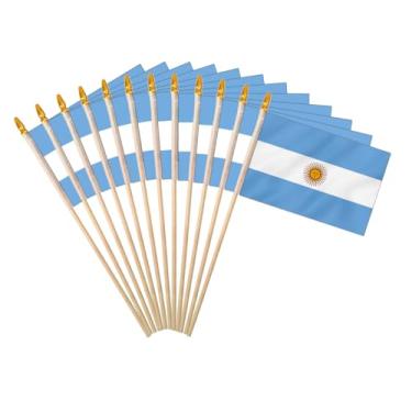 Imagem de Bandeira da Argentina, 10 x 15 cm, pacote com 12, pequena mini bandeira nacional de mão argentina, América Latina, língua espanhola, para decoração do mês da herança hispânica com mastro de madeira e