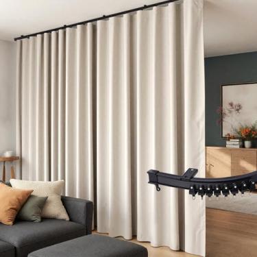 Imagem de Cortinas divisórias de quarto, conjunto de trilhos de teto flexíveis, cortina blackout para sala de estar, quarto, varão, painéis divisórias de privacidade L120 x A120 bege drapeado e trilho preto