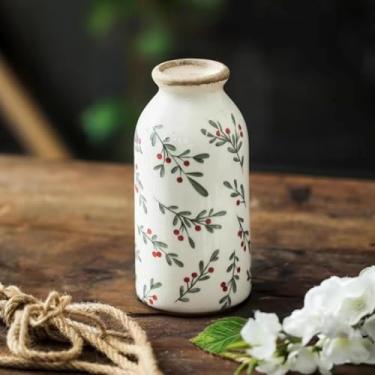 Imagem de Vaso de cerâmica vintage, vaso pequeno de cerâmica de fazenda, esmalte rústico com boca larga com base antiderrapante – peça central de exibição floral para decoração de casa, cozinha, escritório