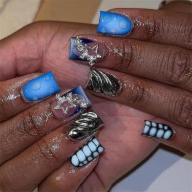 Imagem de RTKHFZE Short quadrado para unhas com design de casaco 3D unhas postiças azuis para meninas gostosas para presente de Natal