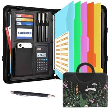 Imagem de NATISERAUM Organizador de portfólio – fichário de 3 anéis com alça, pasta de couro vegano com bloco de notas, inclui 5 divisórias com 10 bolsos para arquivos de documentos