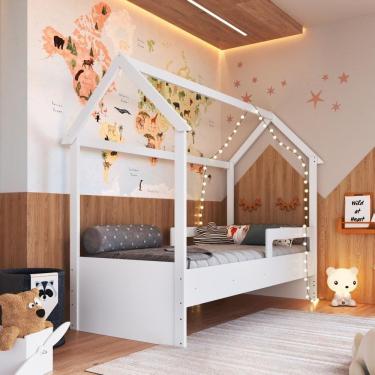 Imagem de Cama Infantil Montessoriana Casinha Menino Menina Solteiro Com Proteção Lateral Branca