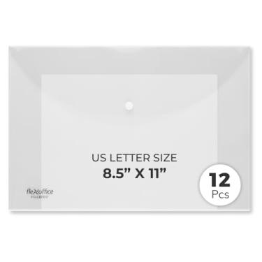 Imagem de FLEXOFFICE Pacote com 12 envelopes de plástico transparente com fecho de pressão, tamanho ofício, 38 x 26 cm, pastas de arquivo para tamanho A4, documentos de carta para negócios, escola, casa