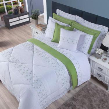 Imagem de Kit Edredom Queen Dupla Face Bordado 200 Fios 8 Peças Branco e Verde C