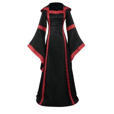 Imagem de Vestido feminino casual de Halloween manga comprida emenda sólido góti